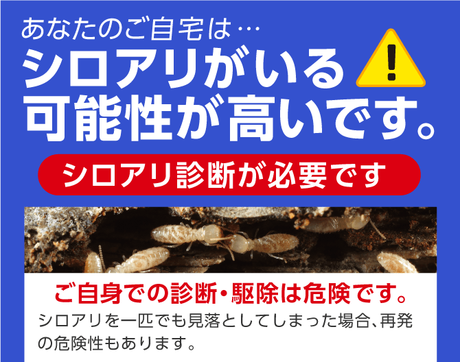 あなたのご自宅は…シロアリがいる可能性が高いです。シロアリ診断が必要です ご自身での診断・駆除は危険です。シロアリを一匹でも見落としてしまった場合、再発の危険性もあります。
